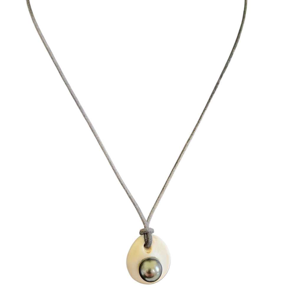 Protection Black Pearl In Shell Necklace On Black Cord